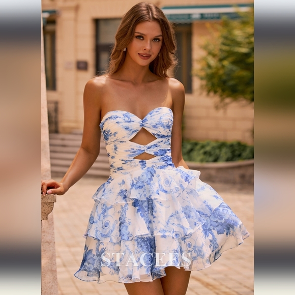 Stacees A-line Floral Print Ruffled Strapless Homecoming Dress w/ Cutouts  NWT 6 - Picture 3 of 16